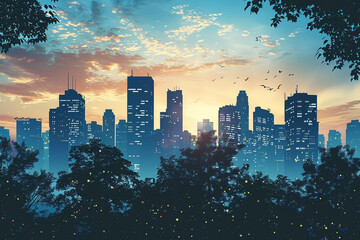 Fototapeta premium The silhouette of a high-tech city skyline at dusk, with environmentally-friendly buildings dotting the horizon sci-fi tone