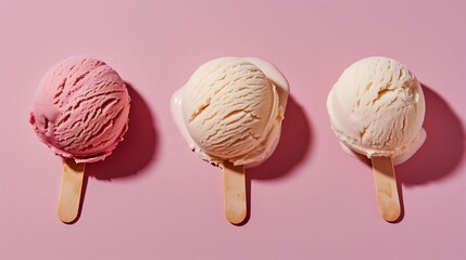 Three scoops of melting ice cream on sticks against a pink background