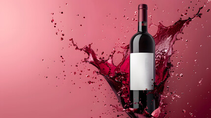 bottle of wine with blank label amidst dramatic explosion of red wine set against soft pink background vivid splashes emphasize  dynamic energetic nature of scen esuitable for themes celebration 