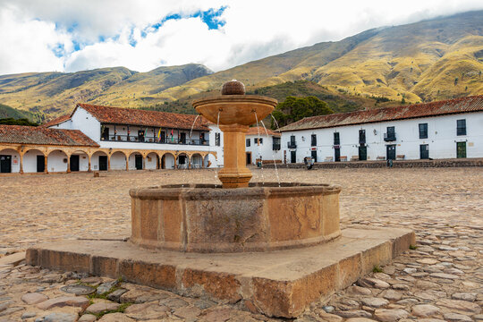 Villa de Leyva, colonial town known for Plaza Mayor, largest stone-paved square in South America, cobblestone streets, whitewashed buildings and historical UNESCO architecture. Boyaca, Colombia.