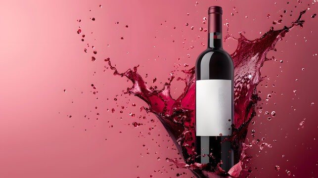 bottle of wine with blank label amidst dramatic explosion of red wine set against soft pink background vivid splashes emphasize  dynamic energetic nature of scen esuitable for themes celebration 