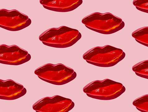 Pattern of red shiny candy lips on a pink background. Repetitive pattern photography. Beauty and fashion concept. Design for makeup artist business card, beauty blog background, - Powered by Adobe