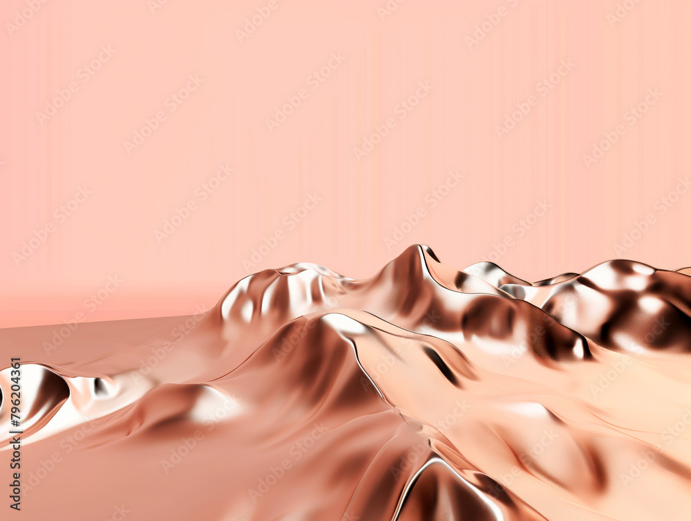 Wall mural shimmering copper fabric waves on a peach background. digital illustration with fluid dynamics and m