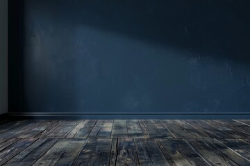 Empty room with dark blue wall background and wooden floor, for wallpaper design advertising banner poster background, 3D render