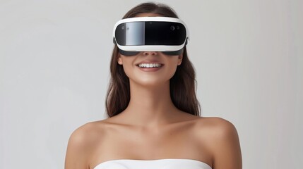 Naklejka premium A woman wearing a virtual reality headset is smiling