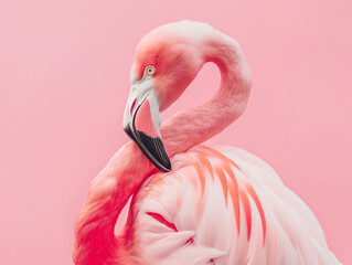 Close-up of a pink flamingo with feathers and beak on a pink background. Studio wildlife portrait. Beauty in nature and bird watching concept. Design for wildlife poster, educational material.