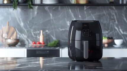 sleek modern air fryer on marble countertop in a contemporary kitchen setting