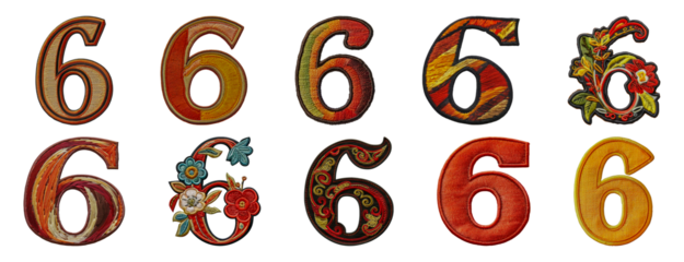 Embroidered number six set with a variety of textures and colorful floral patterns cut out png on transparent background