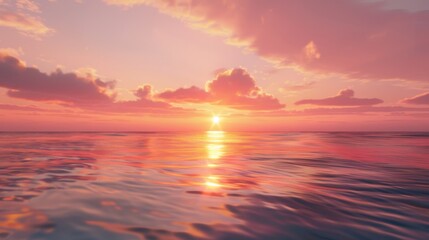 Fototapeta premium A tranquil coastal scene as the sun rises over the horizon, casting a golden reflection on the calm waters and painting the sky in hues of pink and orange.