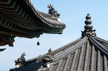 View of the eaves and roof in the traditional Korean building