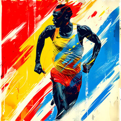 Painting of man running on track with red, yellow, and blue background.