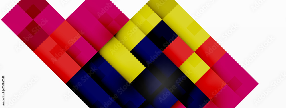 Poster an electrifying art piece featuring a mix of colorful squares, triangles, and rectangles in magenta,