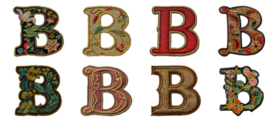 Decorative embroidered letter B with intricate floral designs cut out png on transparent background