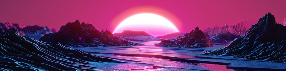 futuristic neon landscape with glowing sunset and reflective mountain terrain