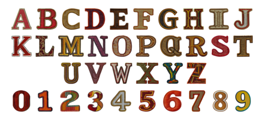 Embroidered alphabet and numbers cut out png on transparent background