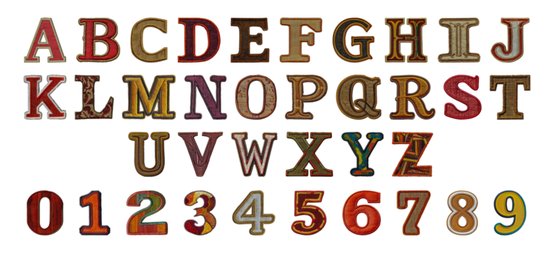 Embroidered alphabet and numbers cut out png on transparent background