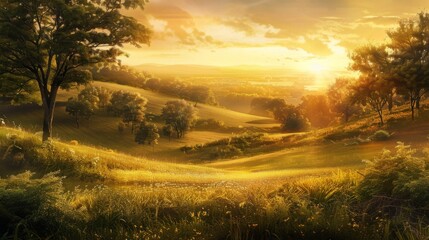 A tranquil countryside scene as the sun rises over rolling hills and meadows, casting a golden hue...