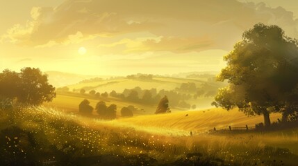 A tranquil countryside scene as the sun rises over rolling hills and meadows, casting a golden hue over the landscape and awakening nature to a new day.