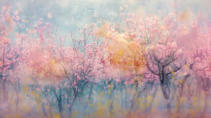 In the heart of natures canvas lies a serene scene of countless orchard trees in full bloom. With a hazy effect the bright colors of the blossoms blend into a mesmerizing abstract .