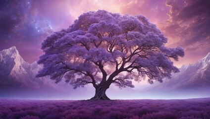 Fototapeta na wymiar digital masterpiece depicting a colossal crystalline tree in a mauve-tinted dreamscape