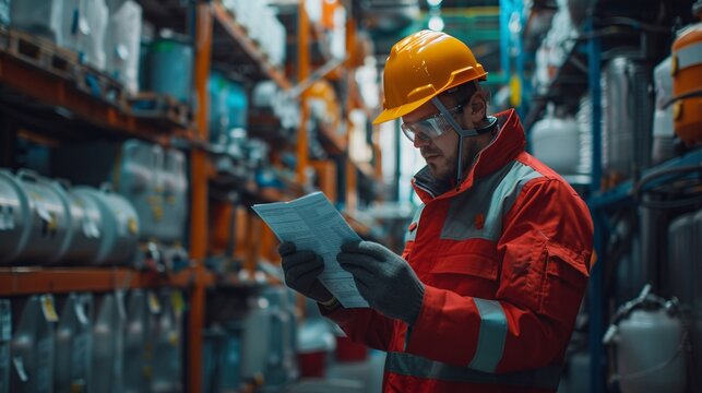 An employee is reviewing the dangerous substance data sheet in the storage section of a factory, taking safety measures.