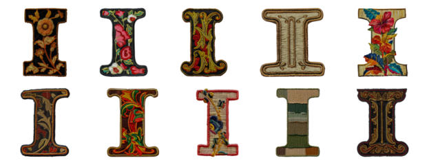 Unique embroidered letter I assortment with intricate details cut out png on transparent background