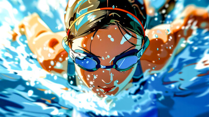 Woman wearing swimming goggles and swimming trunks in pool of water.
