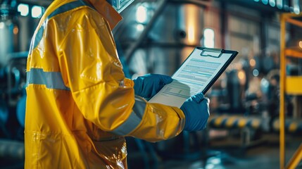 An employee inspects the dangerous substance form in the chemical storage area of a factory, prioritizing safety. - 796205951