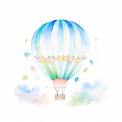 A whimsical watercolor painting of a colorful hot air balloon floating among pastel clouds, evoking a sense of dreamy adventure.