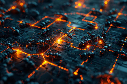 The surreal sight of ants effortlessly navigating through a labyrinth of glowing bitcoin nodes octane render