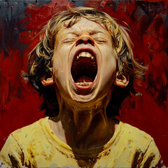 Painting of boy with his mouth open and his mouth wide open.