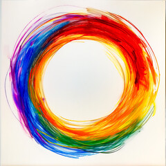 Circle made of multicolored paint on white surface with white background.