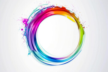 Circle of colorful paint splattered on white background with space for text.