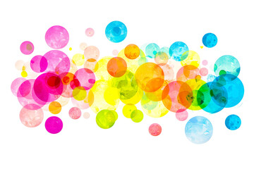 Group of multicolored circles on white background with space for text.