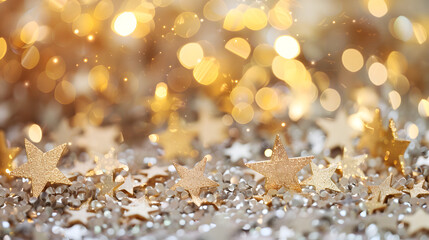 delicate golden stars scattered over glittering silver background, bathed in a warm golden glow....