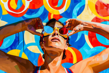 Painting of woman with sunglasses on her head and her hand on her head.