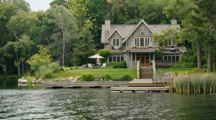 A tranquil lakeside retreat with a charming cottage and a dock where pets and their owners enjoy leisurely strolls and refreshing swims in the water.