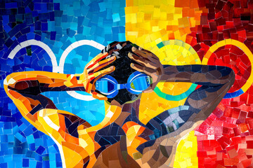 Painting of person holding camera in front of colorful background.