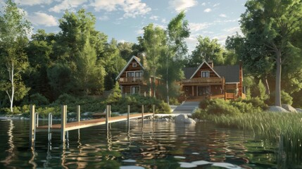 Naklejka premium A tranquil lakeside retreat with a charming cottage and a dock where pets and their owners enjoy leisurely strolls and refreshing swims in the water.