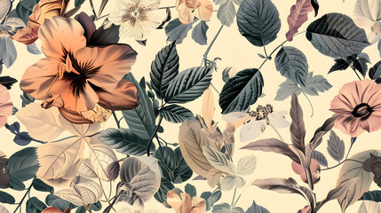 Fototapeta premium A vintage-inspired seamless floral pattern featuring soft hues and detailed illustrations of flowers and leaves. Ideal for elegant wallpaper, textile design, or creative projects.