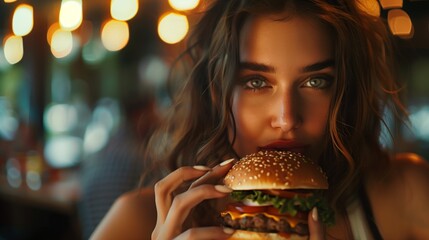Close-up portrait of a young woman with striking blue eyes, eating a hamburger in a dimly lit setting. - Powered by Adobe