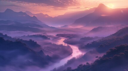 A tranquil river winding through misty valleys under the soft glow of sunrise, inviting exploration