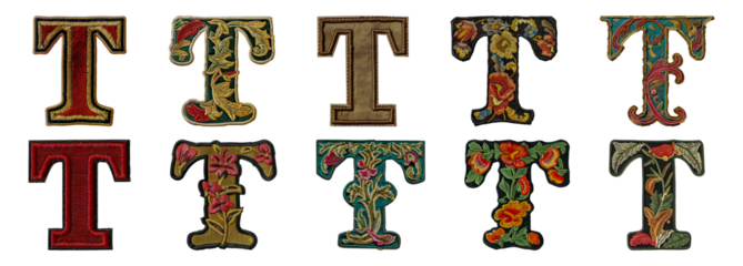 Embroidered letter T collection with floral design cut out png on transparent background