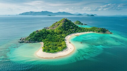   secluded tropical island with pristine beaches, turquoise waters, and lush greenery.  