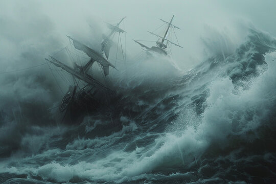 The tragic moment of a ship capsizing in a typhoon, with tumultuous waves and hurricane-force gales, highlighting the perilous and catastrophic nature of the sea 