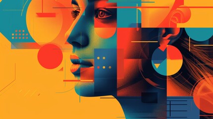 Captivating portrait overlaid with geometric shapes in bold colors for a modern digital art concept