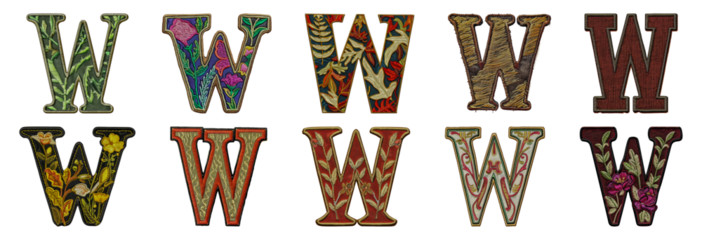 Assorted W letter embroidery styles with vibrant floral designs cut out png on transparent background