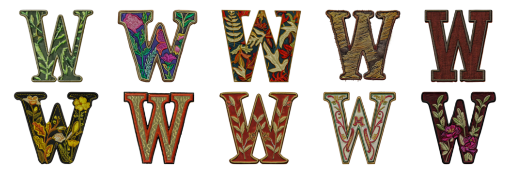Assorted W letter embroidery styles with vibrant floral designs cut out png on transparent background - Powered by Adobe