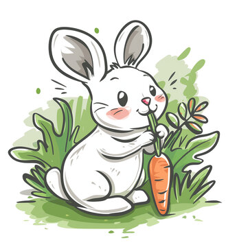 white bunny eating carrot in green grass clip art preview