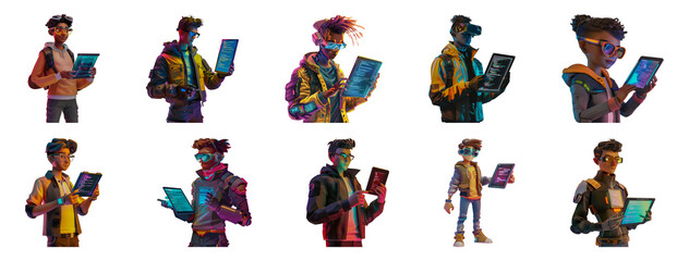 Digital artist with futuristic tablet and colorful neon attire cut out png on transparent background